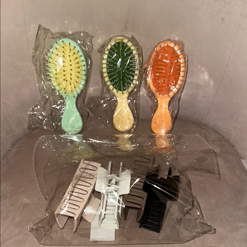 Set of Colorful Hair Brushes and Clips